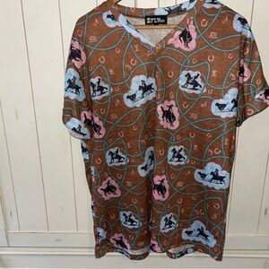 2 Fly Co.Boutique Western Rodeo KnitTop Brown Graphic T-Shirt Cowboy Print S/M